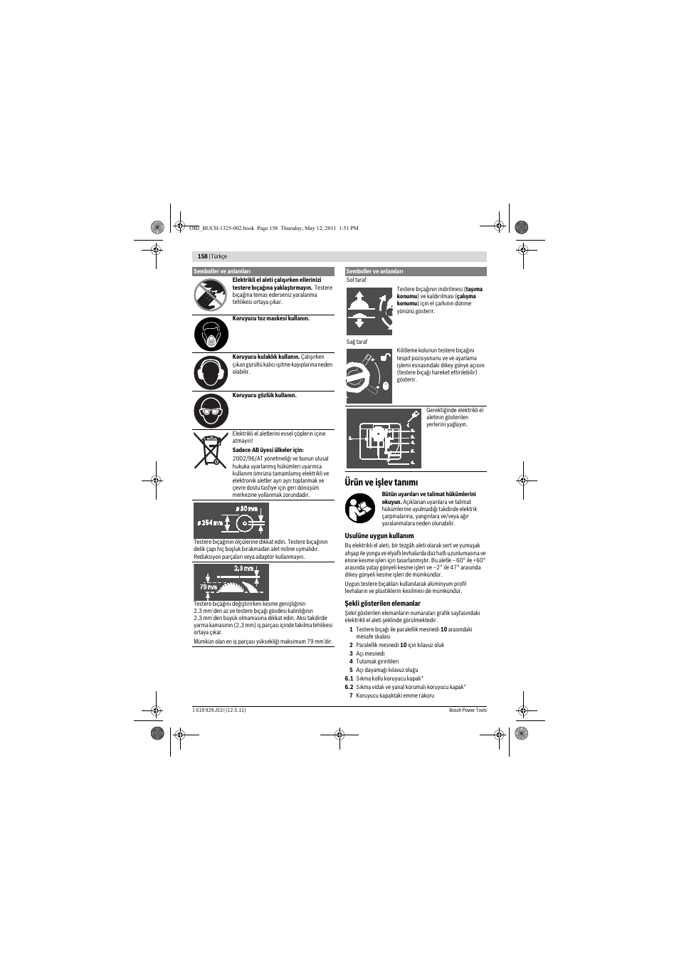 Ürün ve işlev tan m | Bosch GTS 10 J Professional User Manual | Page 158 / 355