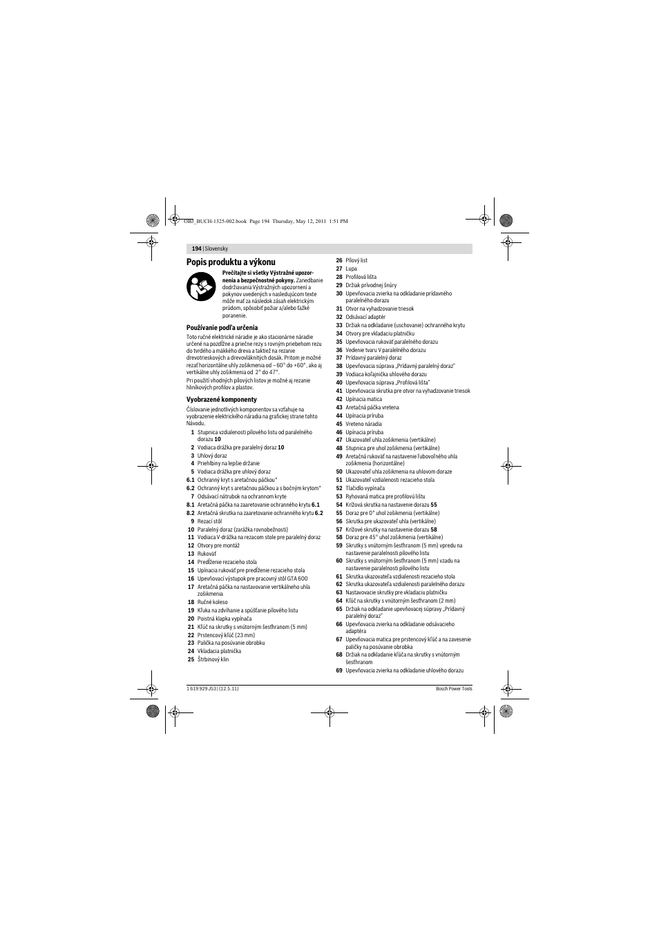 Popis produktu a výkonu | Bosch GTS 10 J Professional User Manual | Page 194 / 355