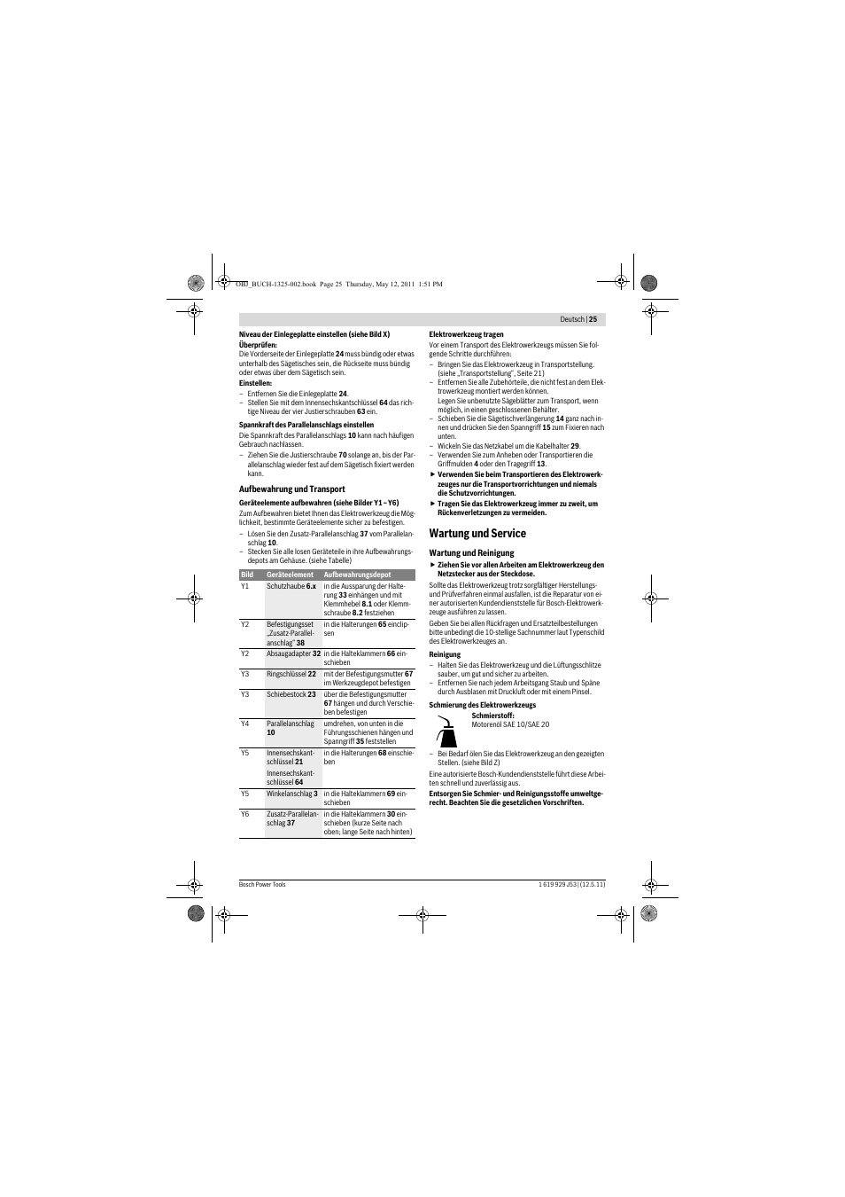 Wartung und service | Bosch GTS 10 J Professional User Manual | Page 25 / 355