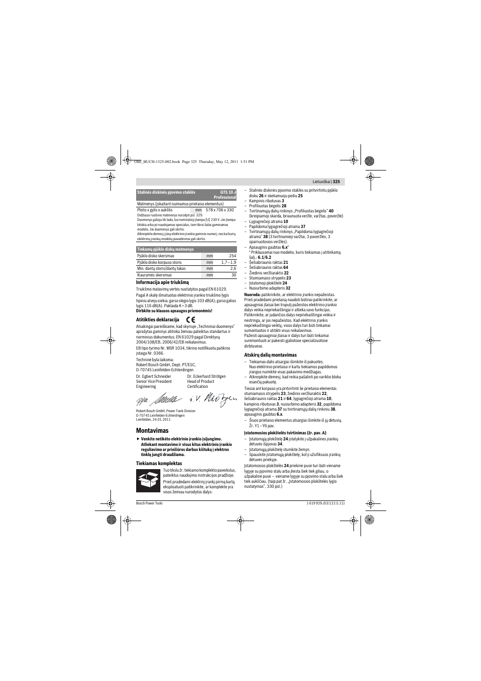 Montavimas | Bosch GTS 10 J Professional User Manual | Page 325 / 355