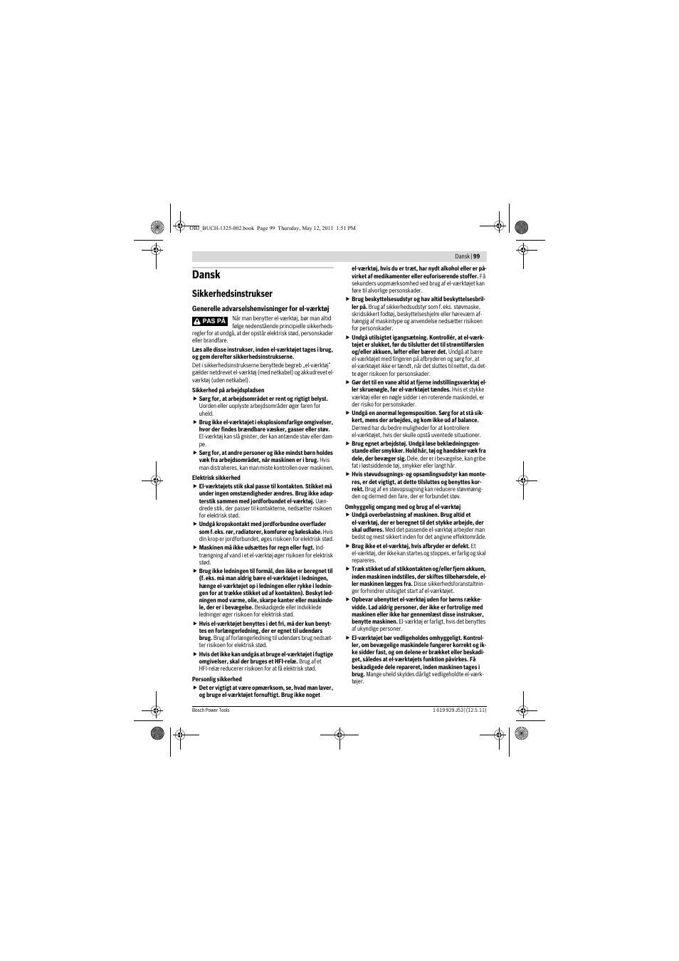 Dansk, Sikkerhedsinstrukser | Bosch GTS 10 J Professional User Manual | Page 99 / 355