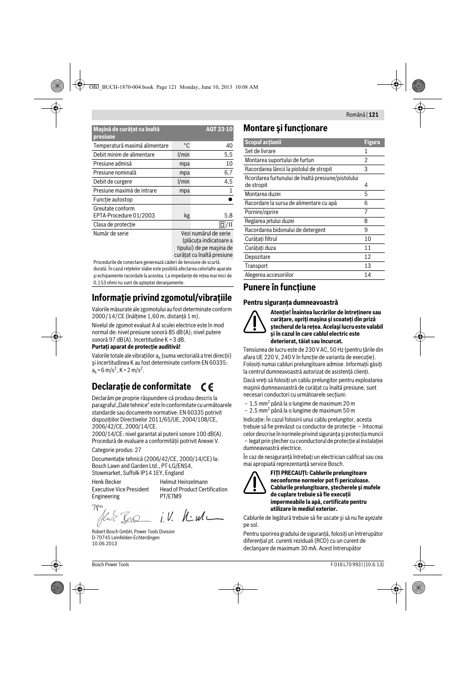 Informaţie privind zgomotul/vibraţiile, Declaraţie de conformitate, Montare şi funcţionare punere în funcţiune | Bosch AQT 33-10 User Manual | Page 121 / 190