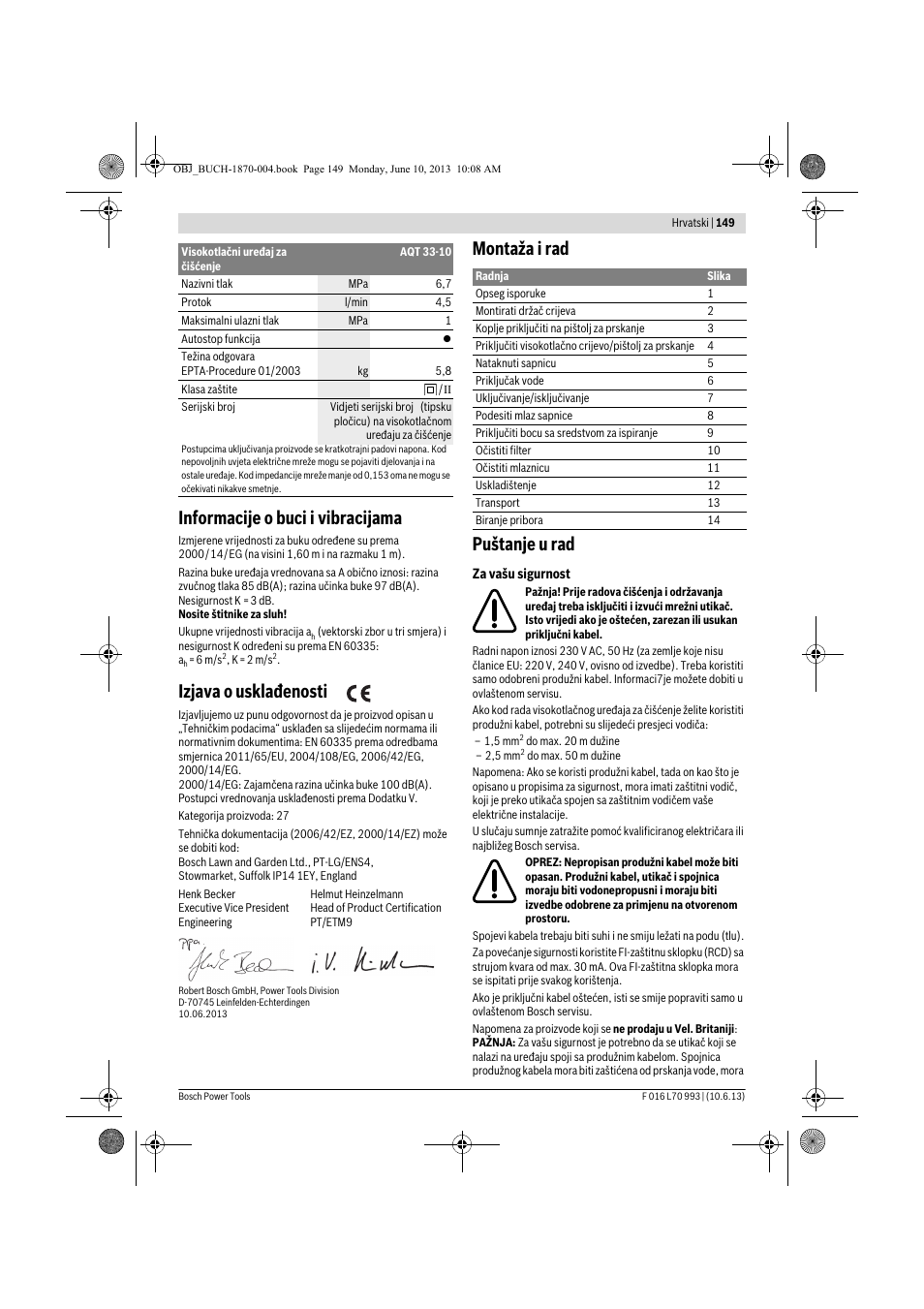 Informacije o buci i vibracijama, Izjava o usklađenosti, Montaža i rad puštanje u rad | Bosch AQT 33-10 User Manual | Page 149 / 190