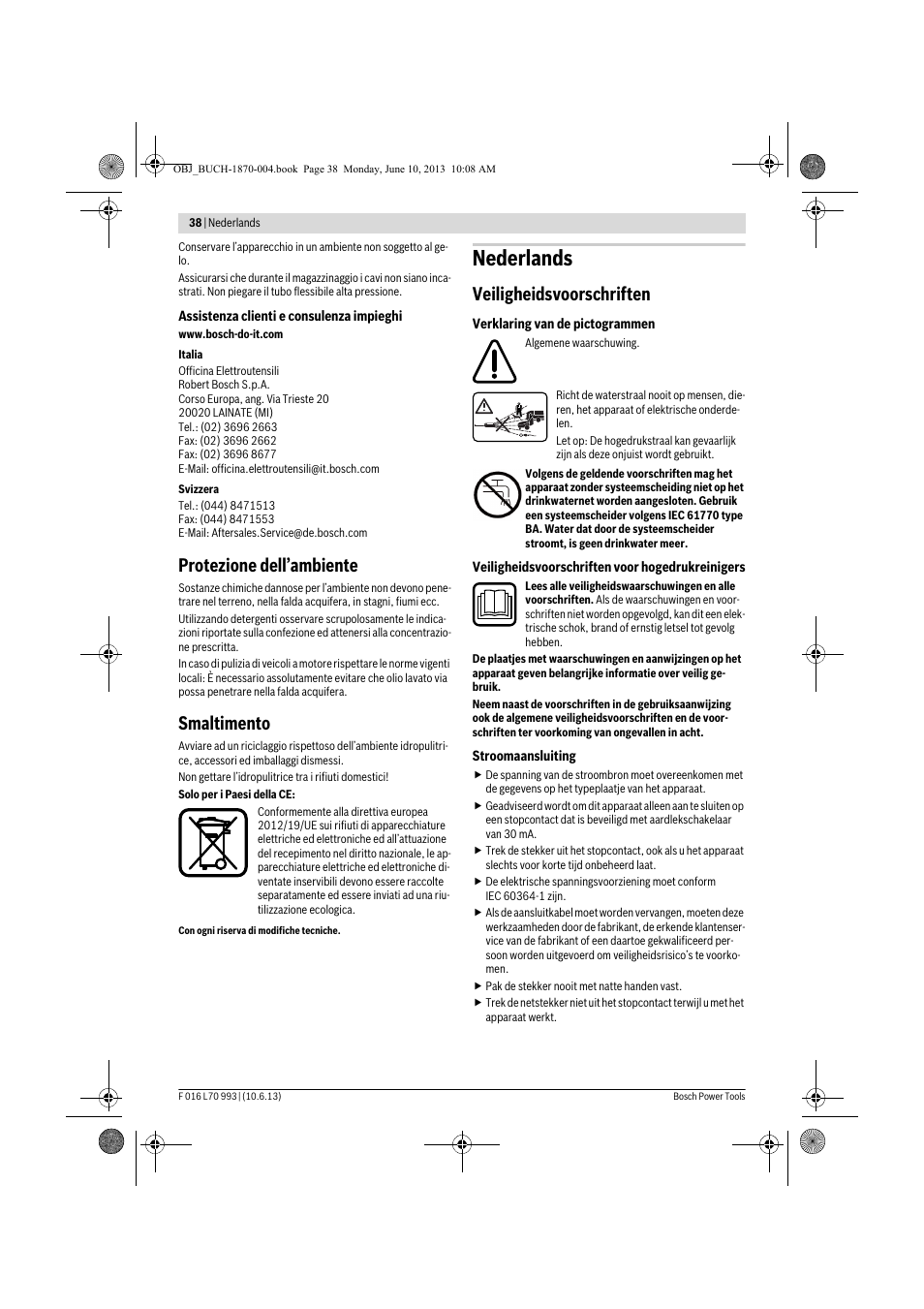 Nederlands, Protezione dell’ambiente, Smaltimento | Veiligheidsvoorschriften | Bosch AQT 33-10 User Manual | Page 38 / 190