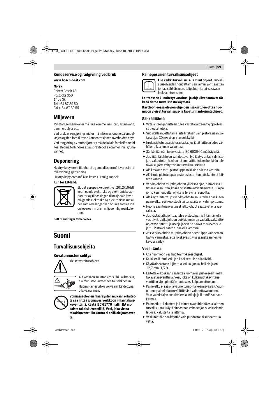 Suomi, Miljøvern, Deponering | Turvallisuusohjeita | Bosch AQT 33-10 User Manual | Page 59 / 190