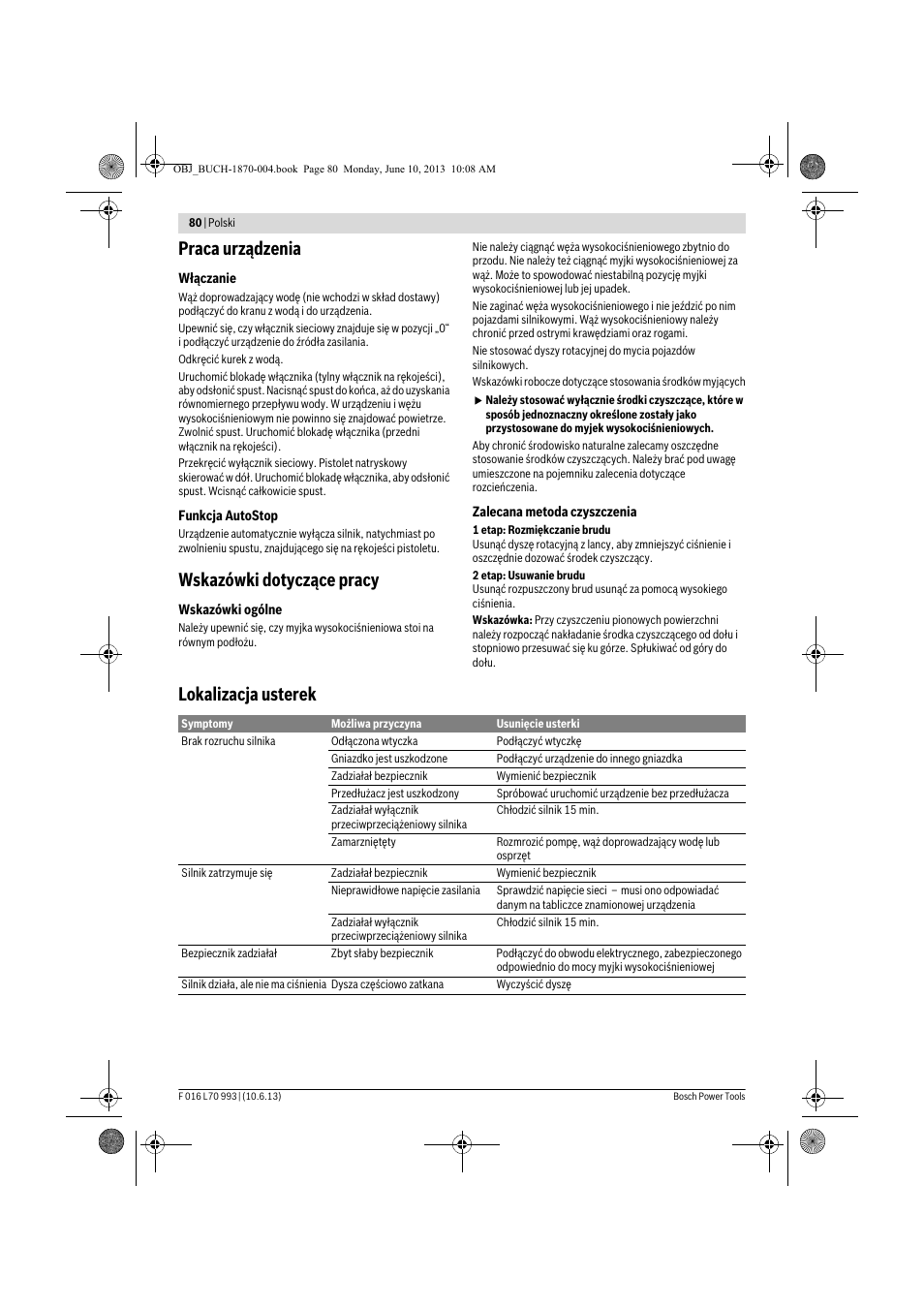 Praca urządzenia, Wskazówki dotyczące pracy, Lokalizacja usterek | Bosch AQT 33-10 User Manual | Page 80 / 190