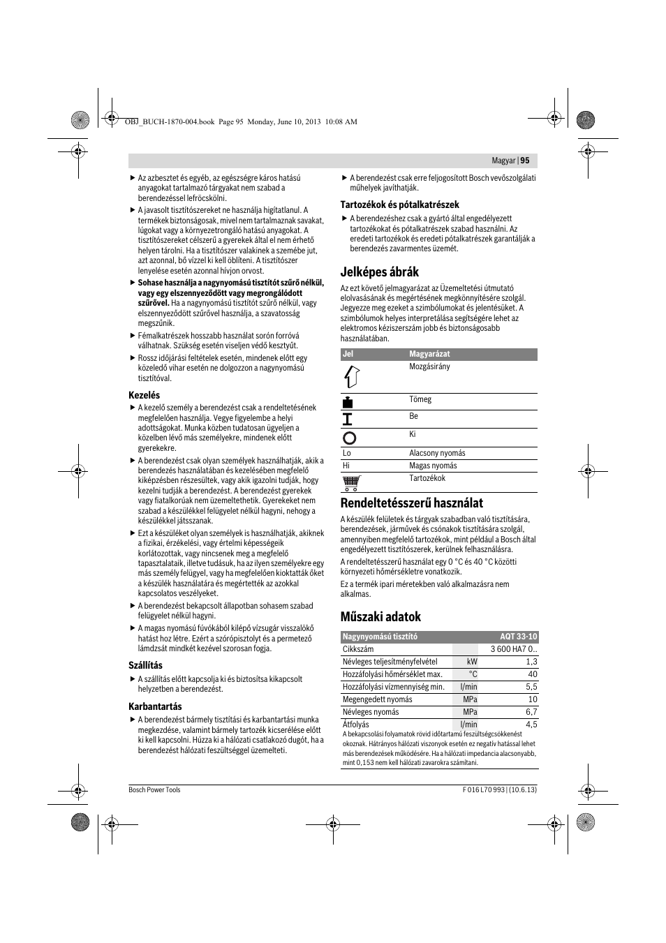 Jelképes ábrák, Rendeltetésszerű használat, Műszaki adatok | Bosch AQT 33-10 User Manual | Page 95 / 190