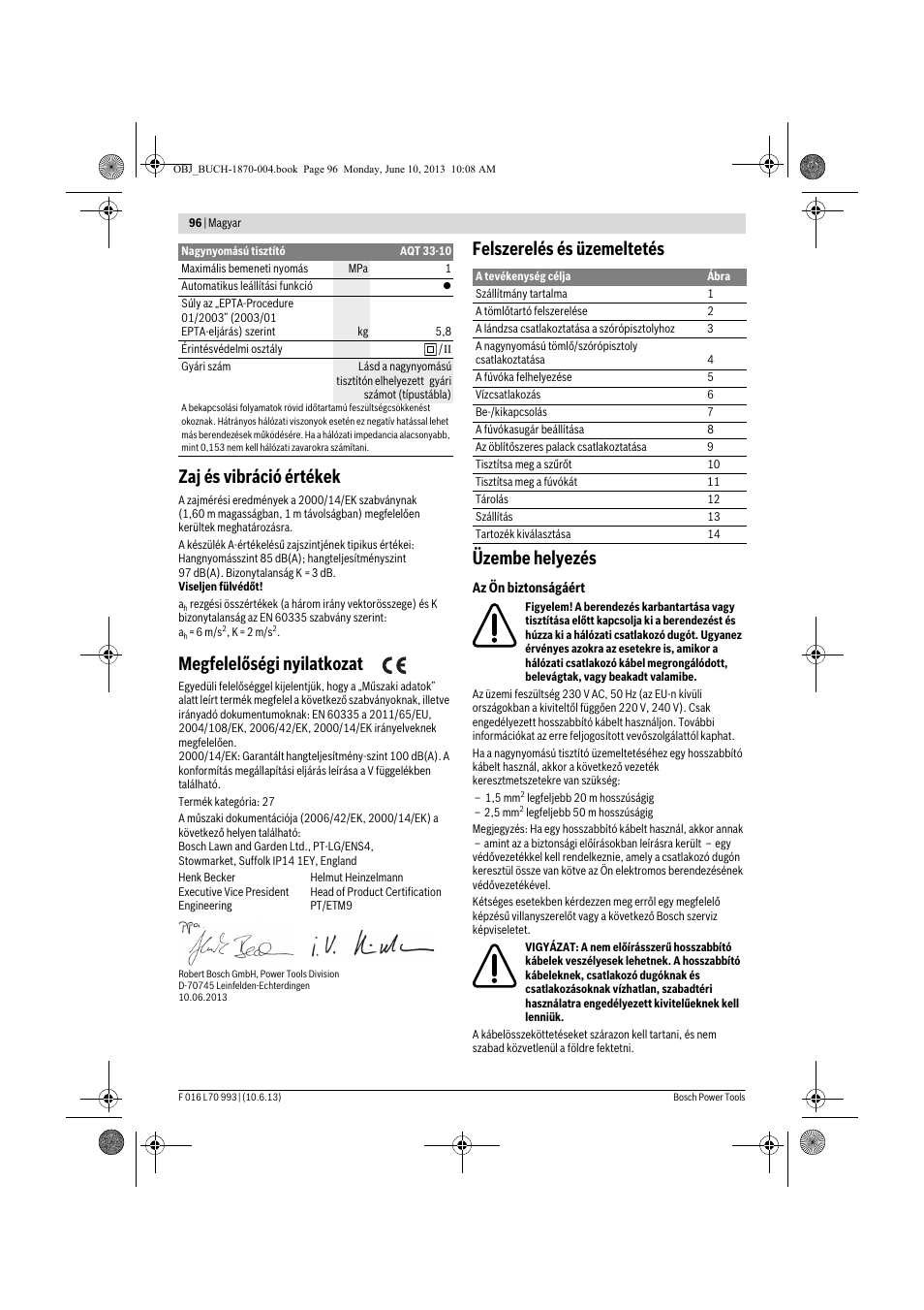Zaj és vibráció értékek, Megfelelőségi nyilatkozat, Felszerelés és üzemeltetés üzembe helyezés | Bosch AQT 33-10 User Manual | Page 96 / 190