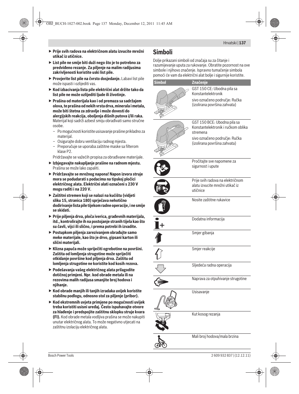 Simboli | Bosch GST 150 BCE Professional User Manual | Page 137 / 184
