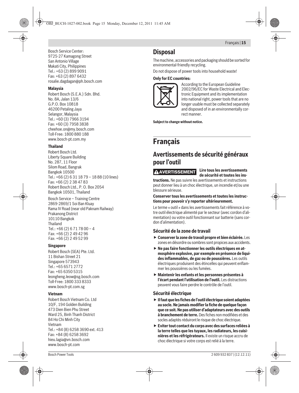 Français, Disposal, Avertissements de sécurité généraux pour l’outil | Bosch GST 150 BCE Professional User Manual | Page 15 / 184