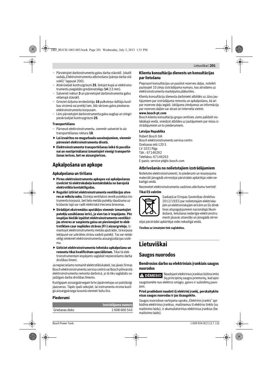 Lietuviškai, Apkalpošana un apkope, Saugos nuorodos | Bosch GCO 2000 Professional User Manual | Page 201 / 223