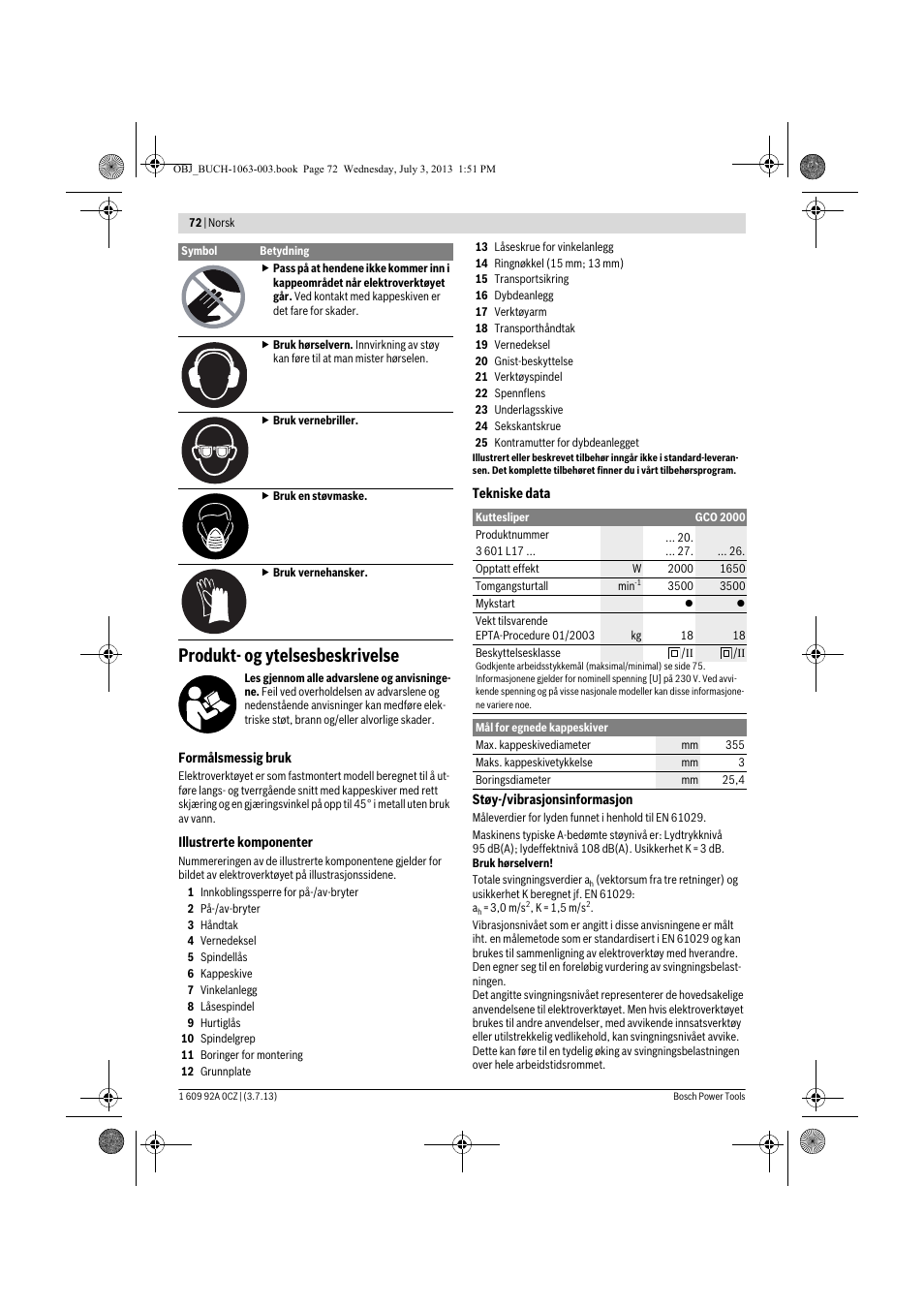 Produkt- og ytelsesbeskrivelse | Bosch GCO 2000 Professional User Manual | Page 72 / 223