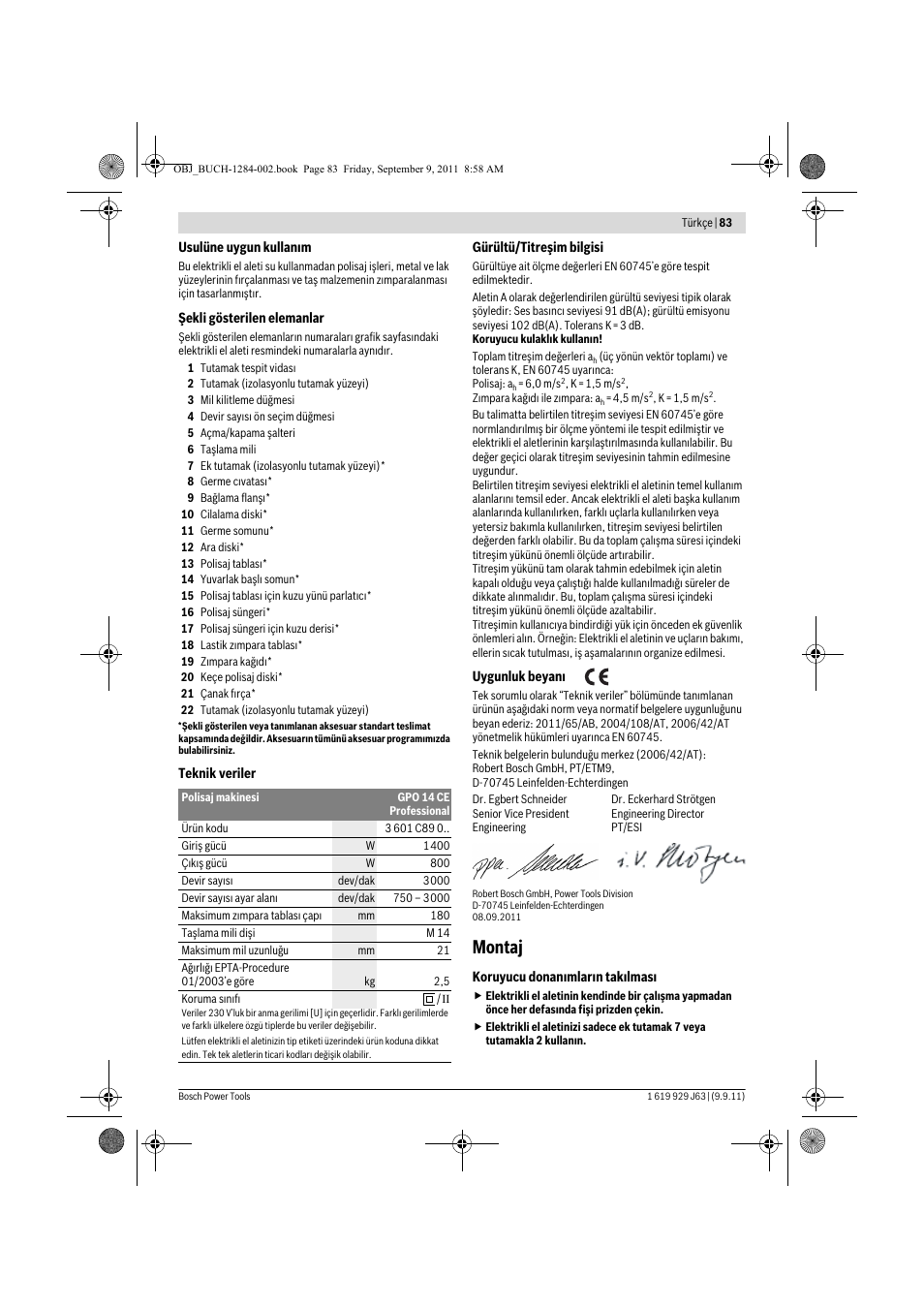 Montaj | Bosch GPO 14 CE Professional User Manual | Page 82 / 186