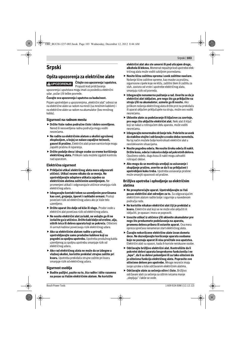 Srpski, Opšta upozorenja za električne alate | Bosch GSR 14,4 VE-2-LI Professional User Manual | Page 103 / 146