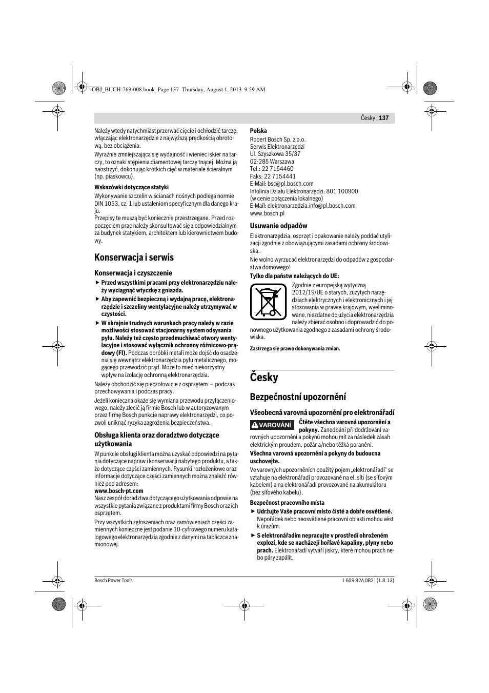 Česky, Konserwacja i serwis, Bezpečnostní upozornění | Bosch GWS 24-230 JVX Professional User Manual | Page 136 / 299
