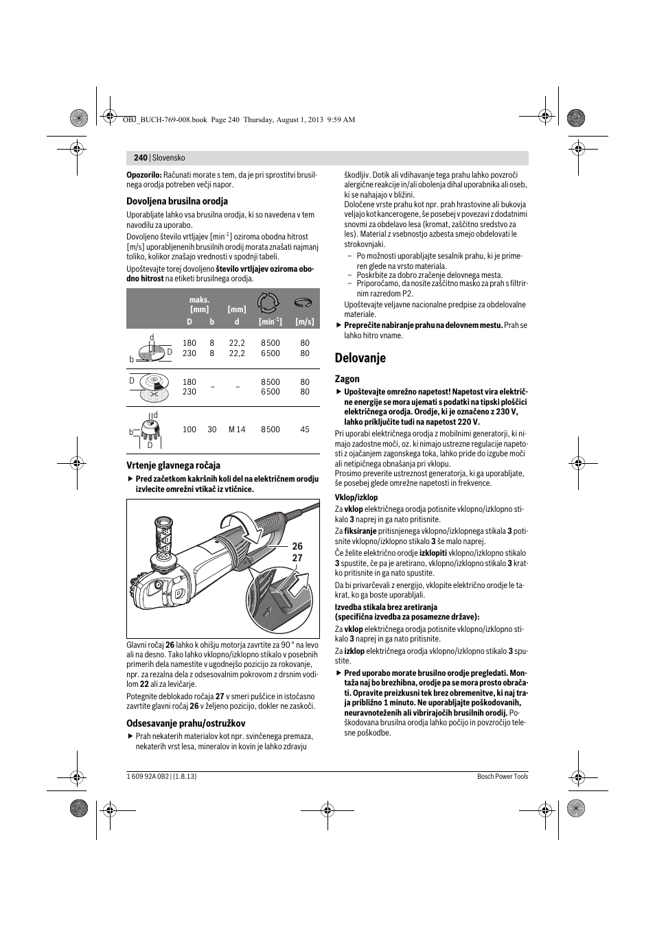 Delovanje | Bosch GWS 24-230 JVX Professional User Manual | Page 239 / 299