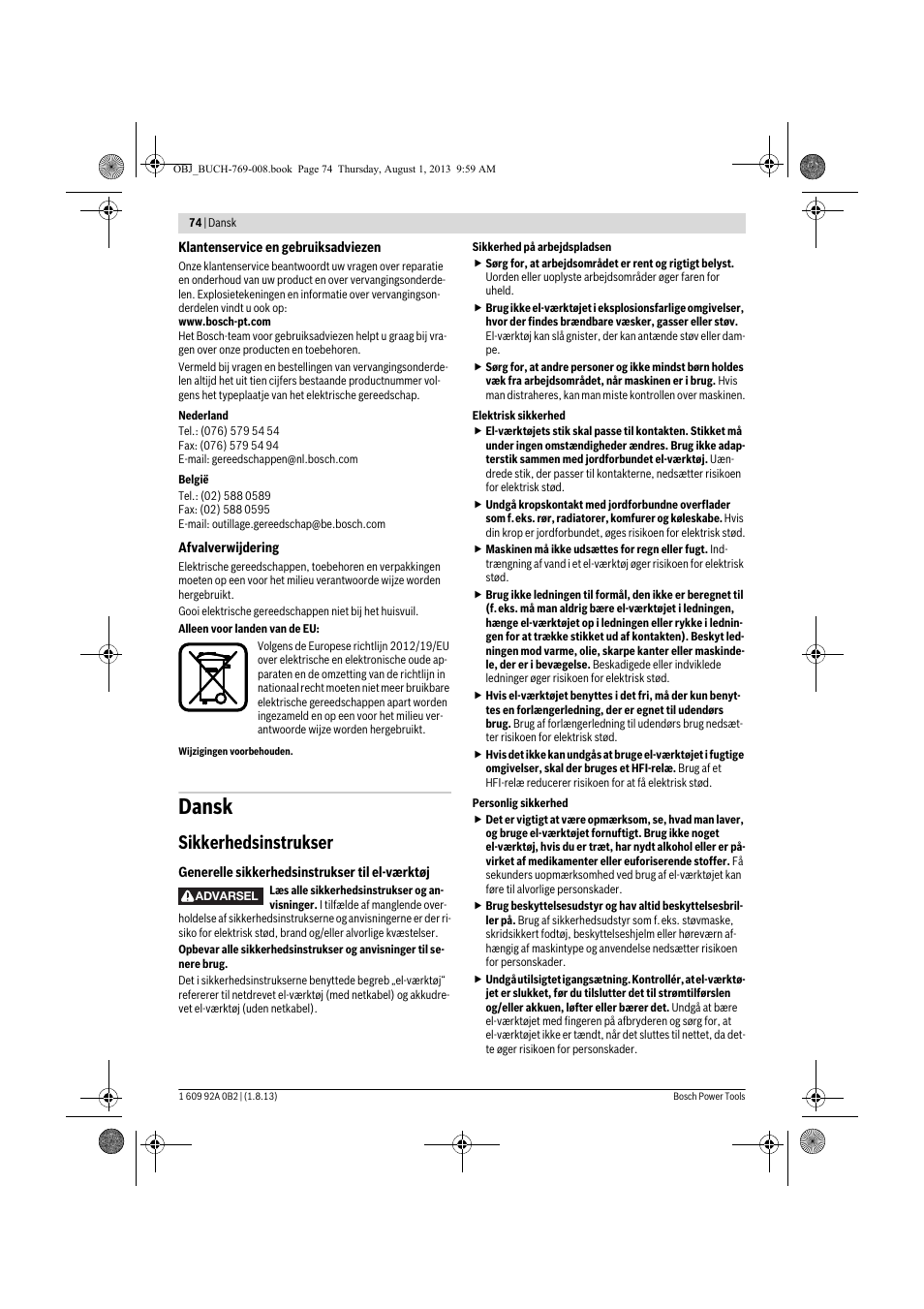 Dansk, Sikkerhedsinstrukser | Bosch GWS 24-230 JVX Professional User Manual | Page 73 / 299