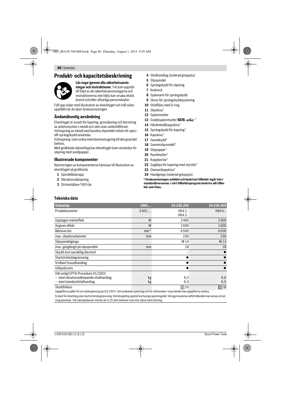 Produkt- och kapacitetsbeskrivning | Bosch GWS 24-230 JVX Professional User Manual | Page 85 / 299