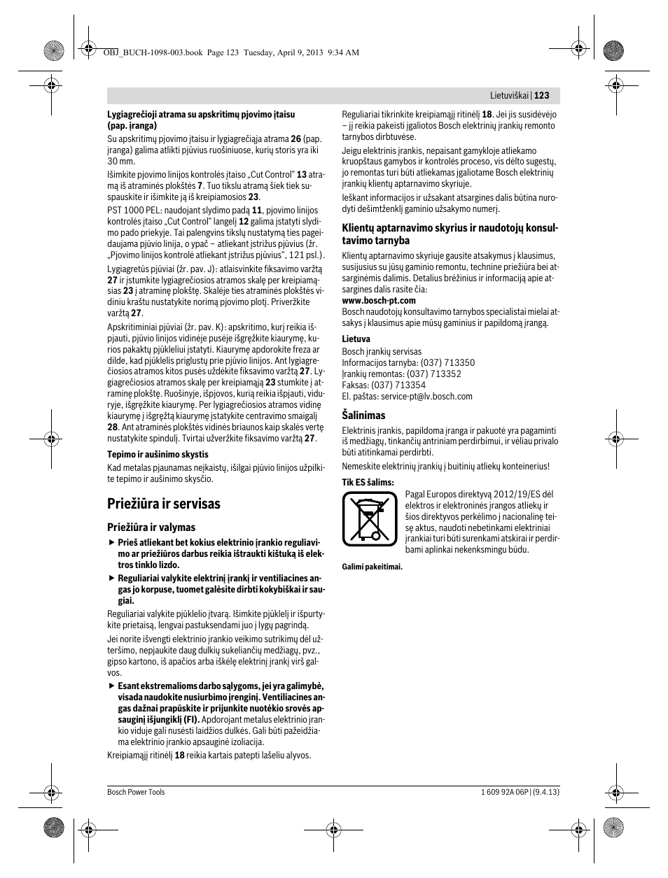 Priežiūra ir servisas | Bosch PST 900 PEL User Manual | Page 123 / 125