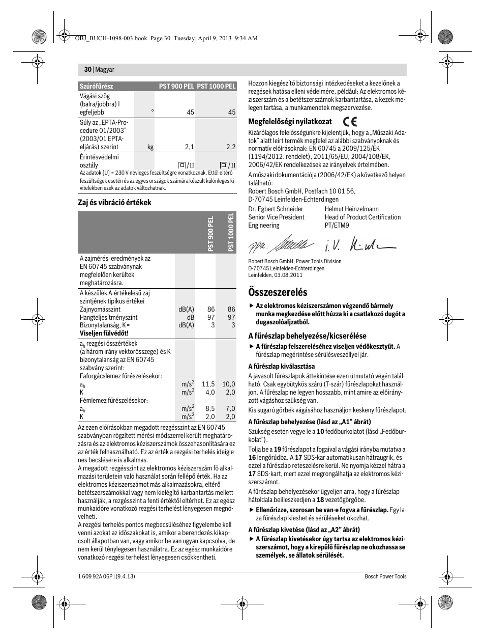 Összeszerelés | Bosch PST 900 PEL User Manual | Page 30 / 125