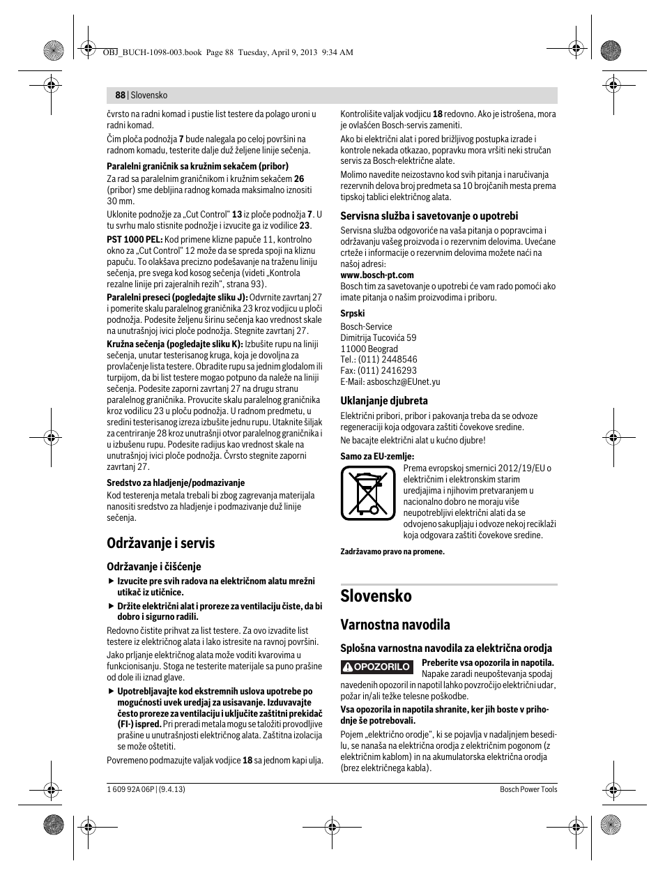 Slovensko, Održavanje i servis, Varnostna navodila | Bosch PST 900 PEL User Manual | Page 88 / 125