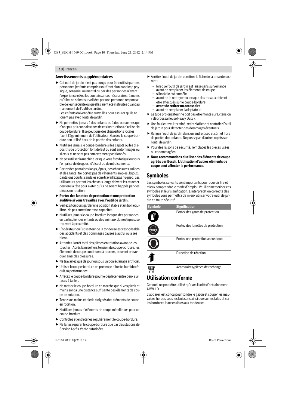 Symboles, Utilisation conforme | Bosch AMW 10 RT User Manual | Page 10 / 91