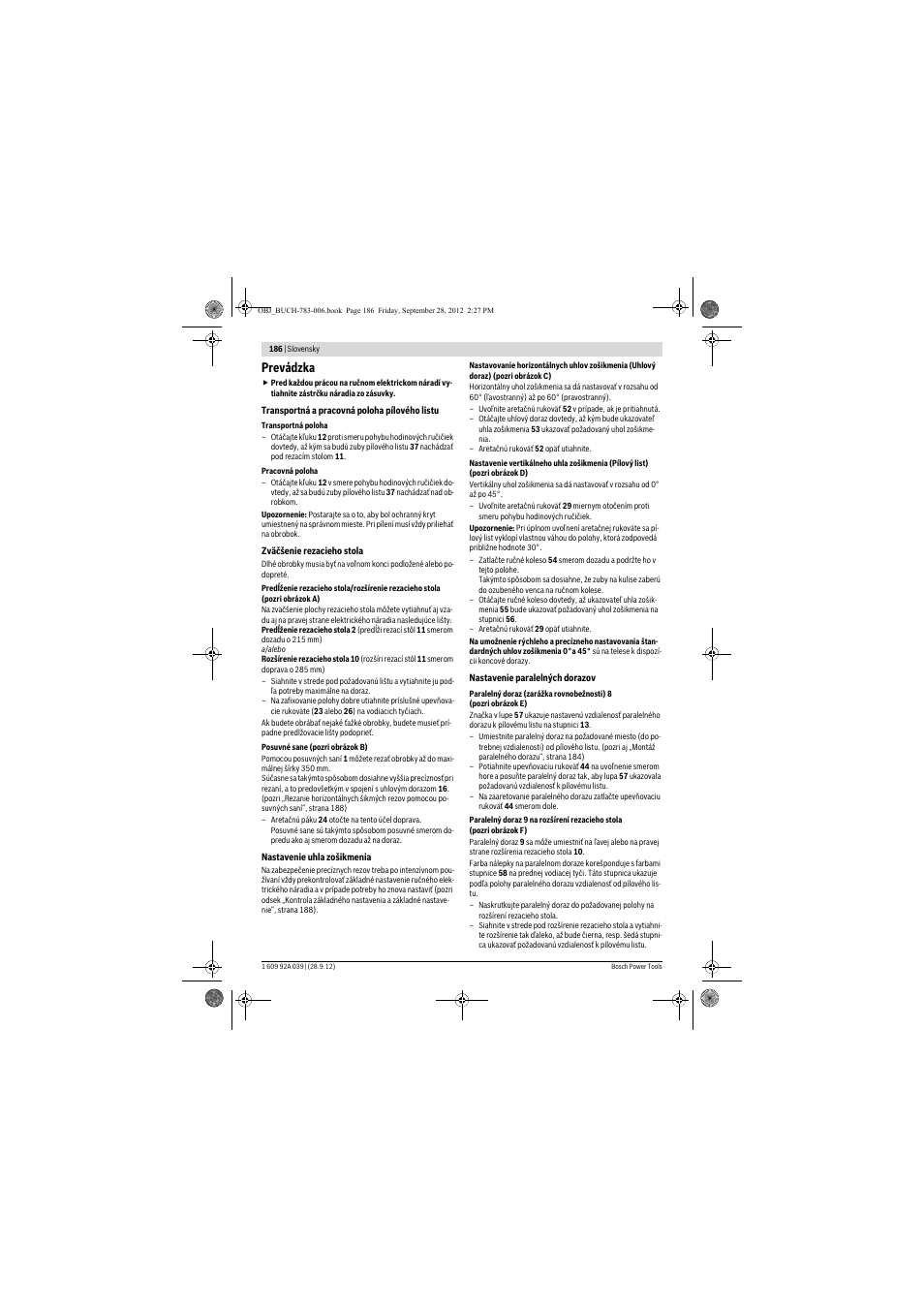 Prevádzka | Bosch PTS 10 User Manual | Page 186 / 309