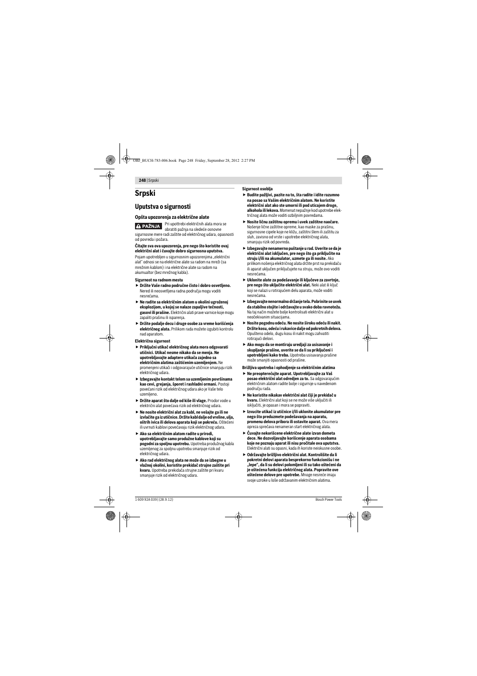 Srpski, Uputstva o sigurnosti | Bosch PTS 10 User Manual | Page 248 / 309