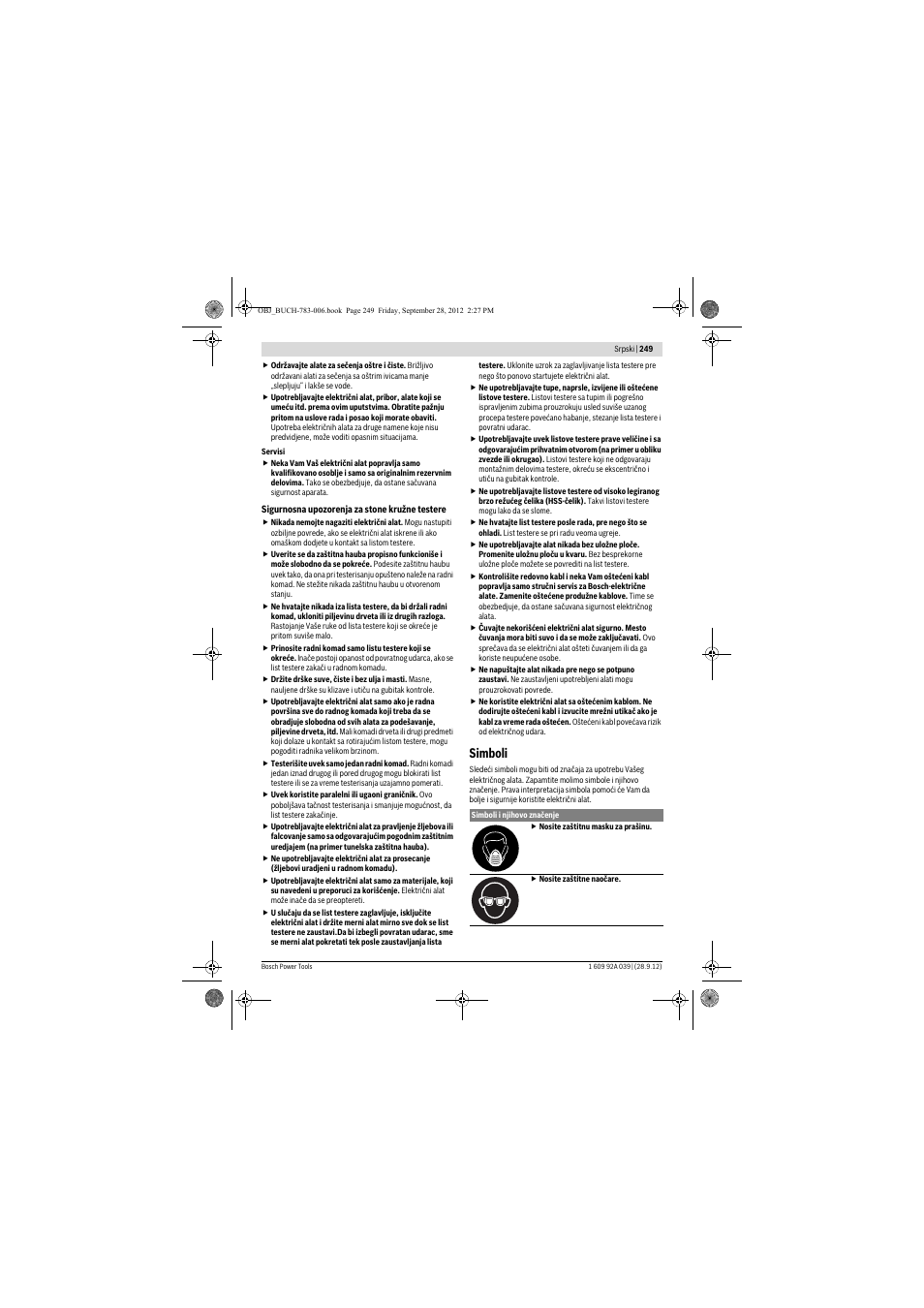 Simboli | Bosch PTS 10 User Manual | Page 249 / 309
