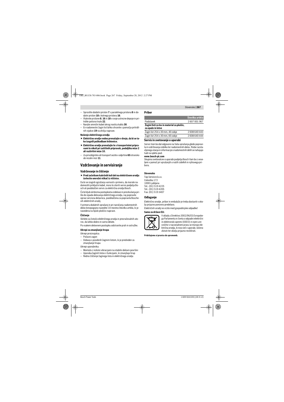 Vzdrževanje in servisiranje | Bosch PTS 10 User Manual | Page 267 / 309