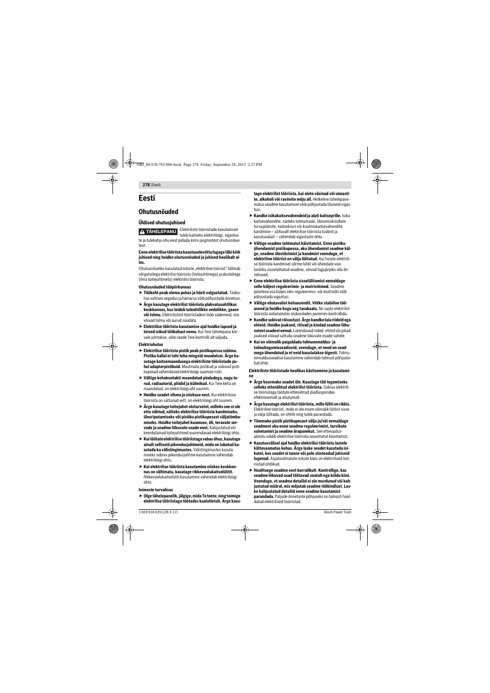 Eesti, Ohutusnõuded | Bosch PTS 10 User Manual | Page 278 / 309