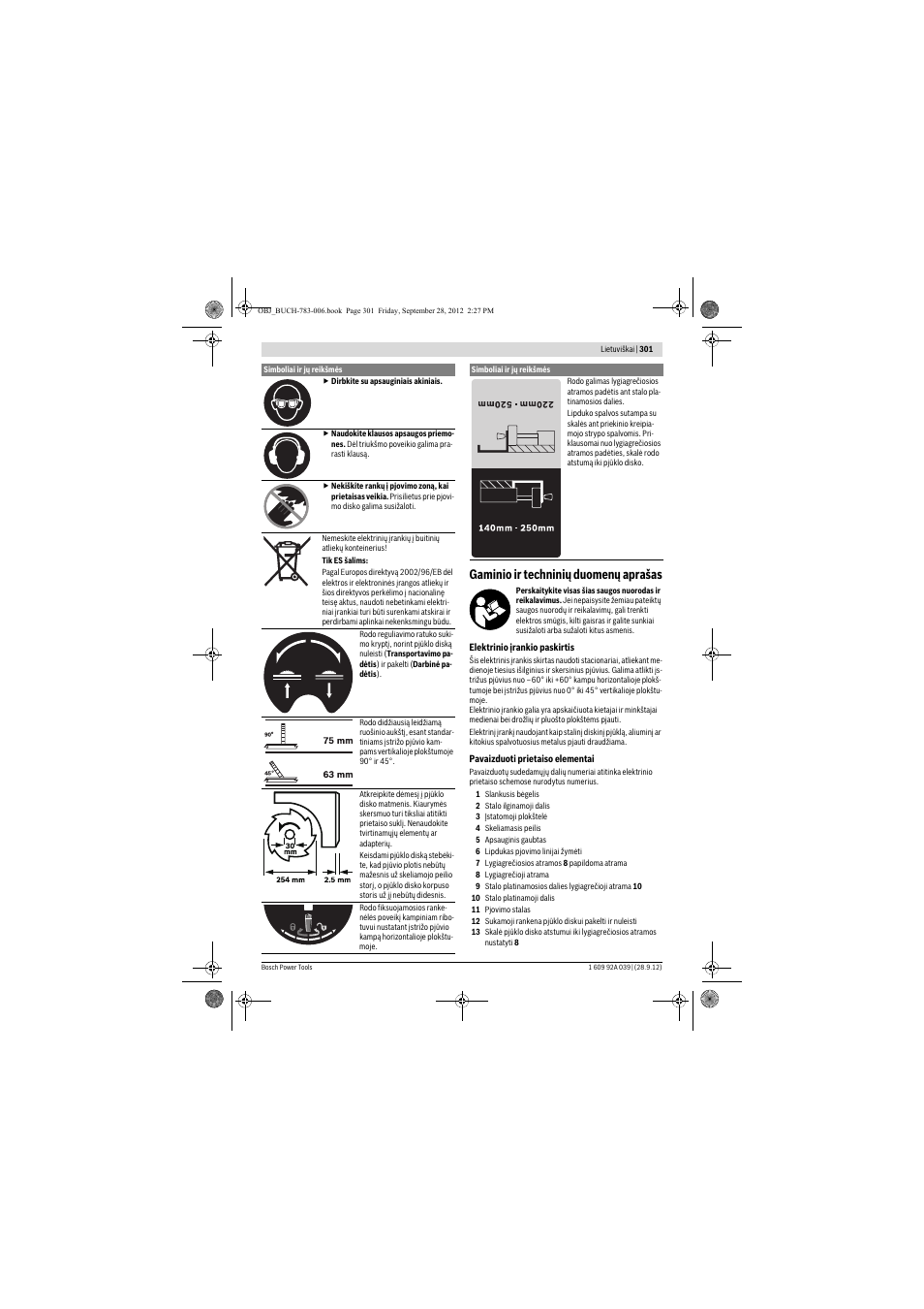 Gaminio ir techninių duomenų aprašas | Bosch PTS 10 User Manual | Page 301 / 309