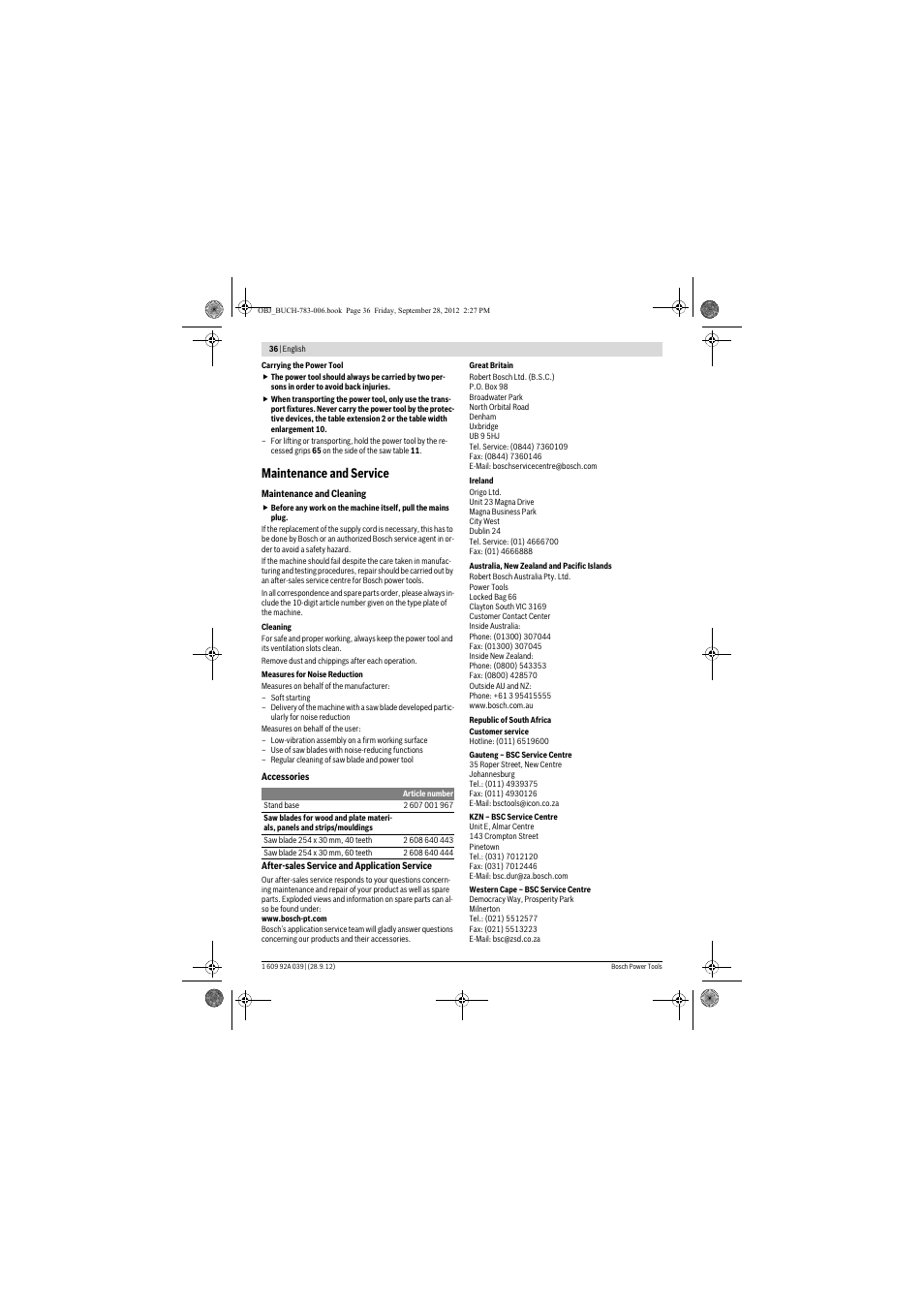 Maintenance and service | Bosch PTS 10 User Manual | Page 36 / 309