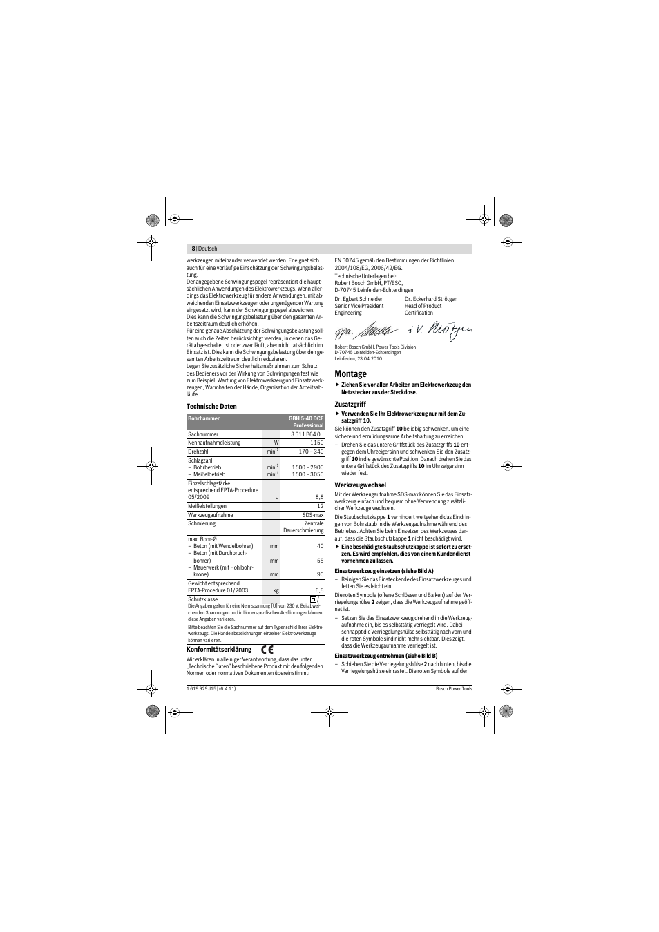 Montage | Bosch GBH 5-40 DCE Professional User Manual | Page 8 / 148