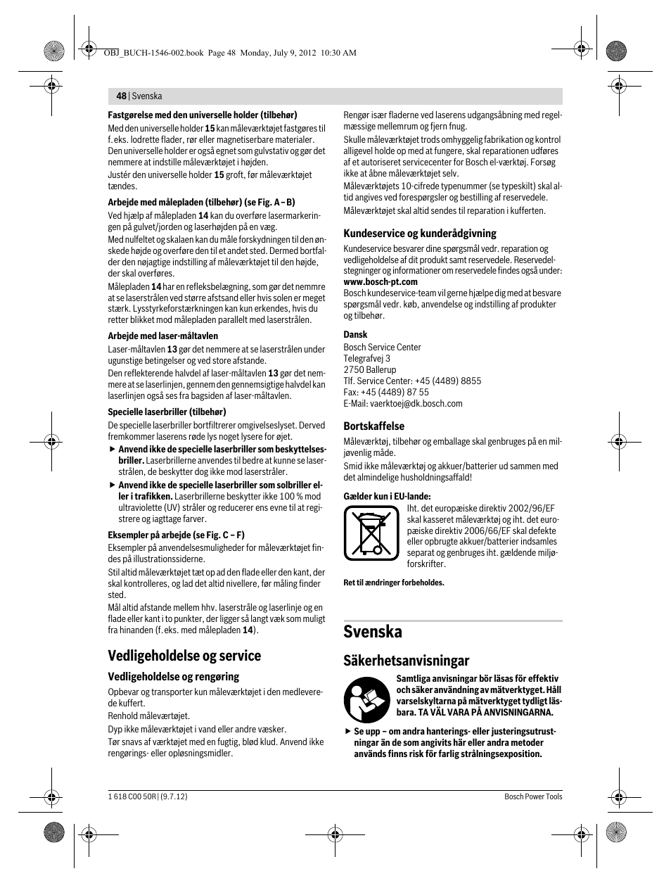 Svenska, Vedligeholdelse og service, Säkerhetsanvisningar | Bosch GCL 25 Professional User Manual | Page 48 / 190