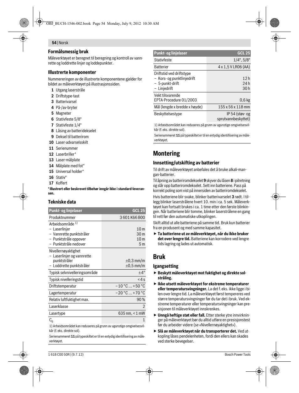 Montering, Bruk | Bosch GCL 25 Professional User Manual | Page 54 / 190