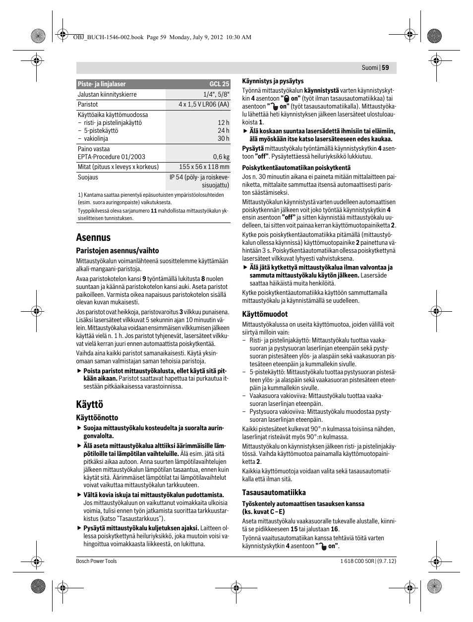 Asennus, Käyttö | Bosch GCL 25 Professional User Manual | Page 59 / 190