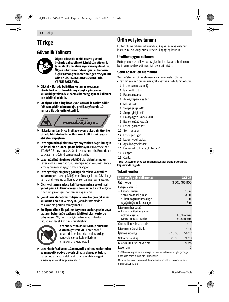 Türkçe, Güvenlik talimat, Ürün ve işlev tan m | Bosch GCL 25 Professional User Manual | Page 68 / 190
