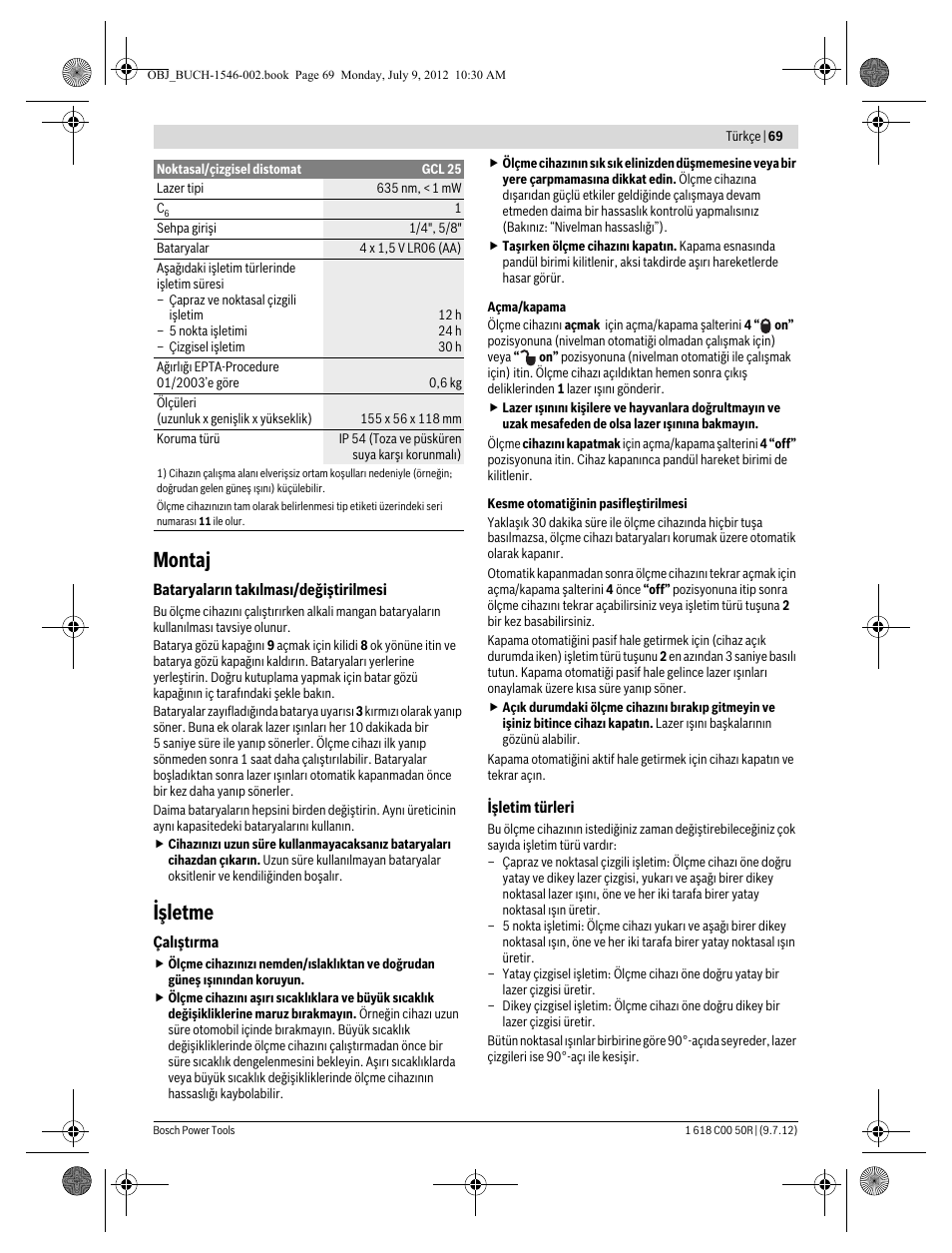 Montaj, Işletme | Bosch GCL 25 Professional User Manual | Page 69 / 190