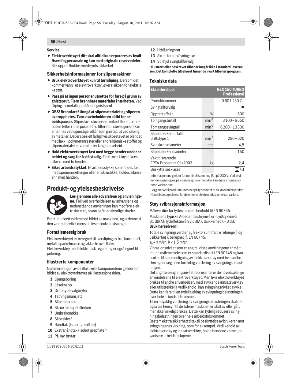 Produkt- og ytelsesbeskrivelse | Bosch GEX 150 Turbo Professional User Manual | Page 56 / 167