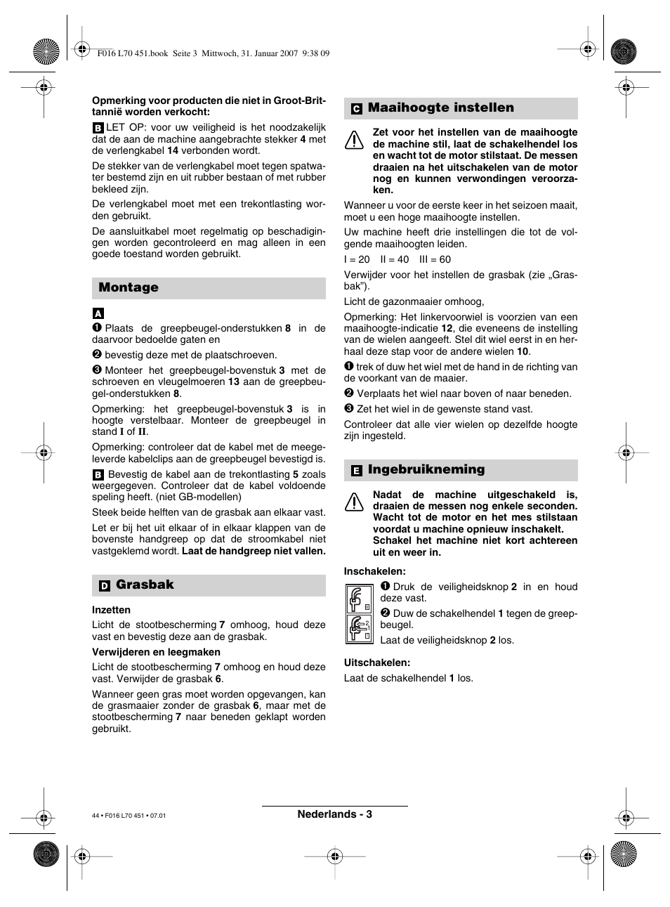 Montage grasbak, Maaihoogte instellen ingebruikneming | Bosch Rotak 320 User Manual | Page 44 / 170