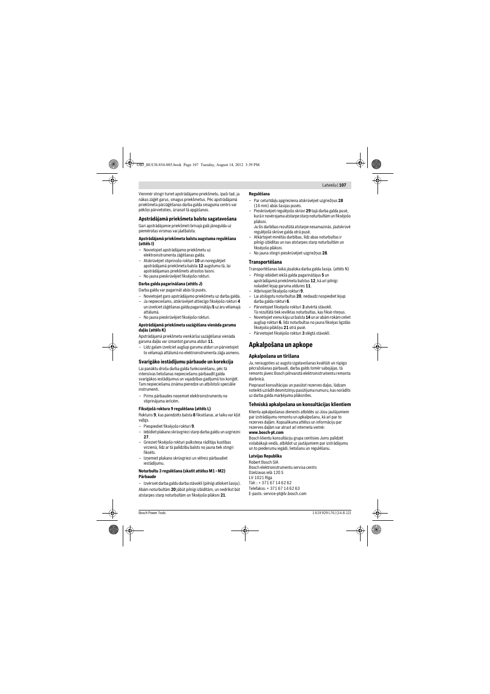 Apkalpošana un apkope | Bosch GTA 2500 W Professional User Manual | Page 107 / 119