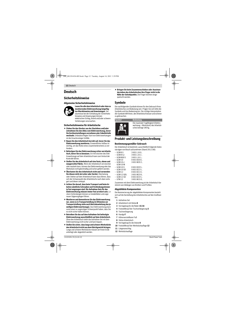 Deutsch, Sicherheitshinweise, Symbole | Produkt- und leistungsbeschreibung | Bosch GTA 2500 W Professional User Manual | Page 12 / 119