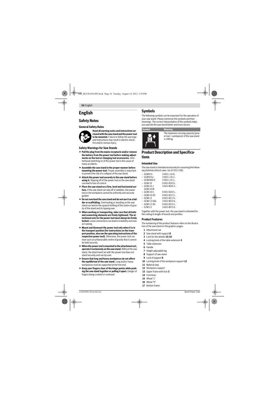 English, Symbols, Product description and specifica- tions | Bosch GTA 2500 W Professional User Manual | Page 16 / 119