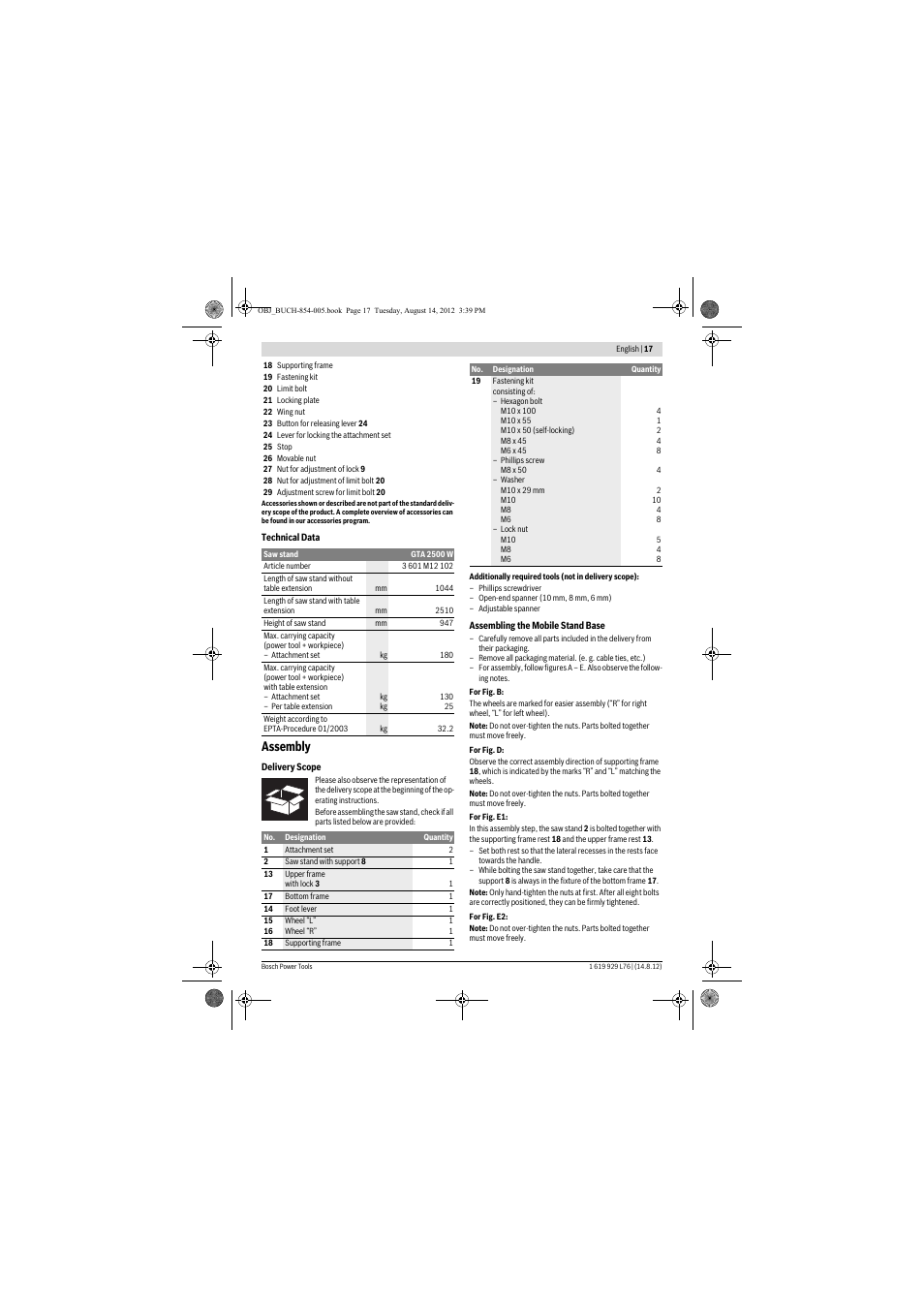Assembly | Bosch GTA 2500 W Professional User Manual | Page 17 / 119
