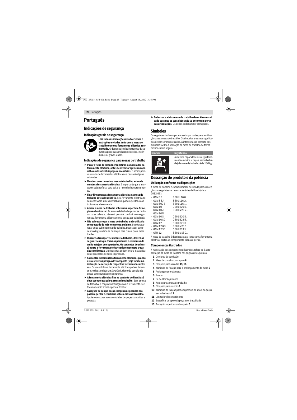 Português, Indicações de segurança, Símbolos | Descrição do produto e da potência | Bosch GTA 2500 W Professional User Manual | Page 28 / 119