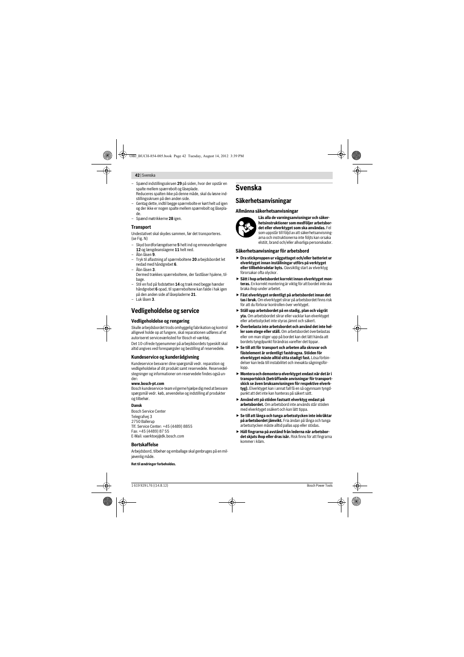 Svenska, Vedligeholdelse og service, Säkerhetsanvisningar | Bosch GTA 2500 W Professional User Manual | Page 42 / 119