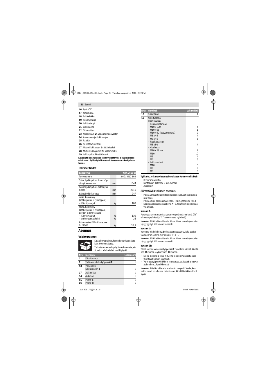 Asennus | Bosch GTA 2500 W Professional User Manual | Page 50 / 119