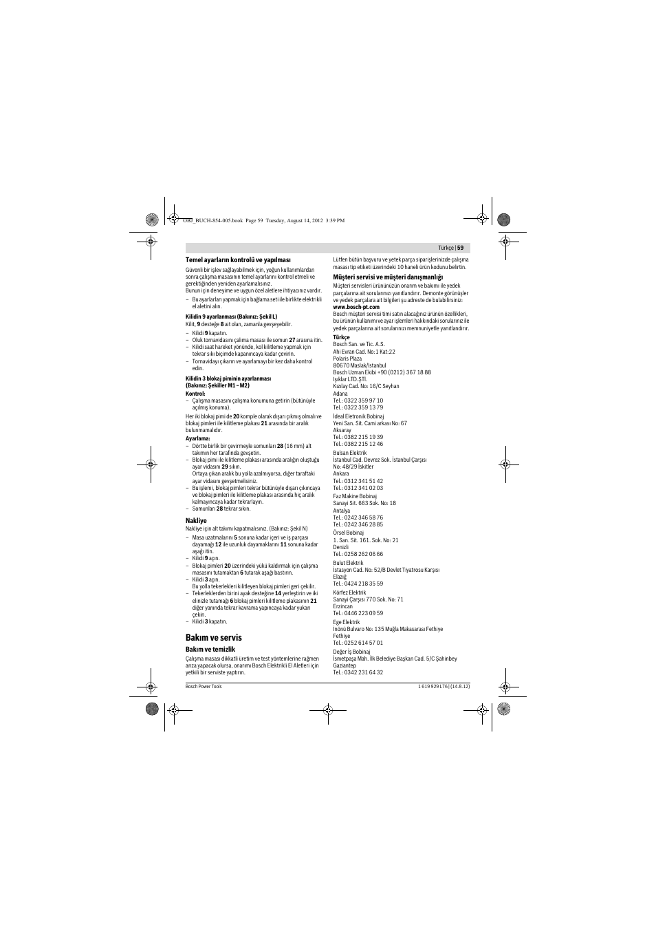 Bak m ve servis | Bosch GTA 2500 W Professional User Manual | Page 59 / 119