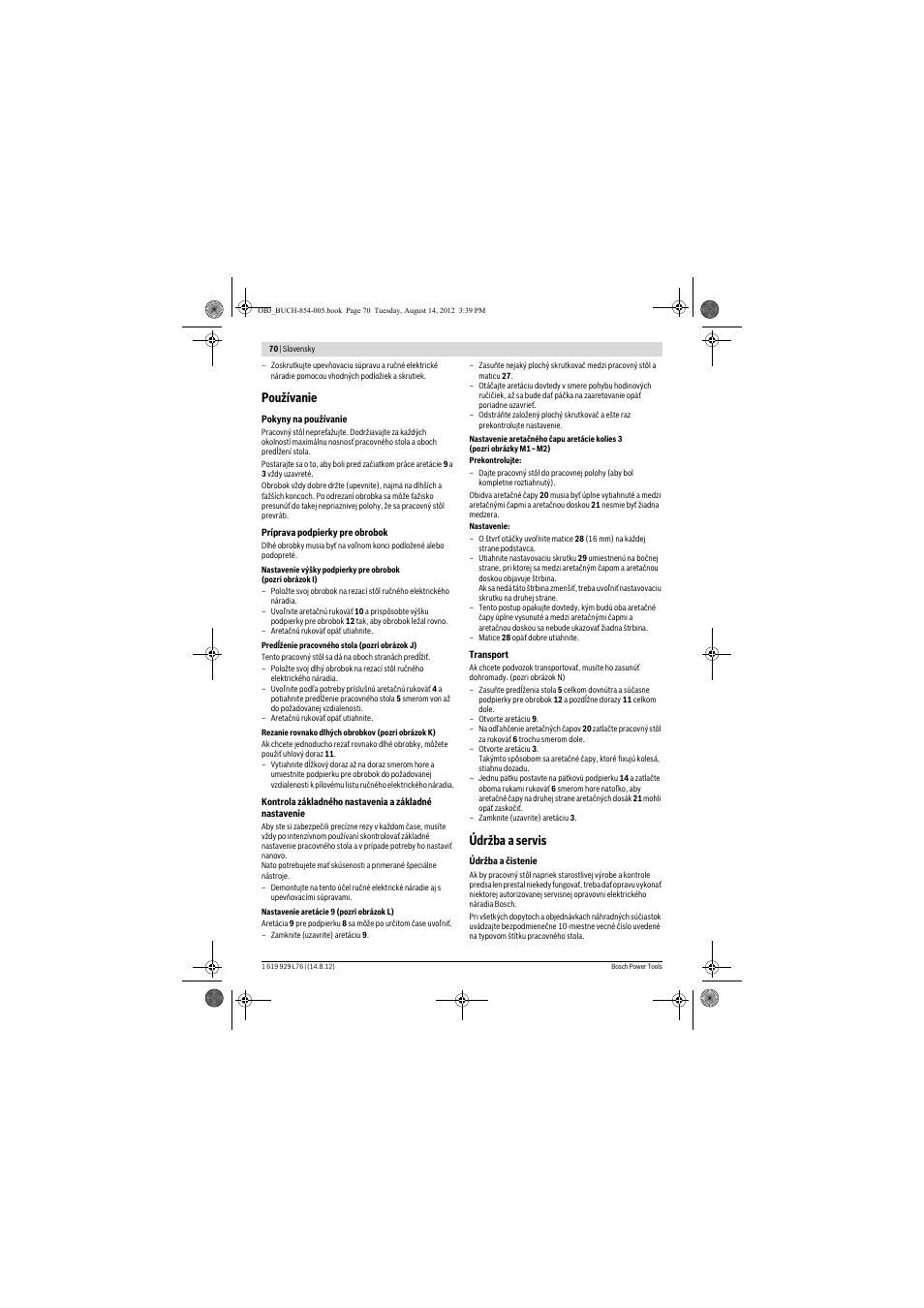 Používanie, Údržba a servis | Bosch GTA 2500 W Professional User Manual | Page 70 / 119